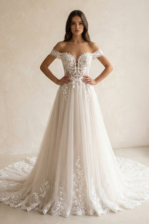 Ivory Off - the - Shoulder Lace A - Line Wedding Dress - KISS BRIDAL Wedding Dresses
