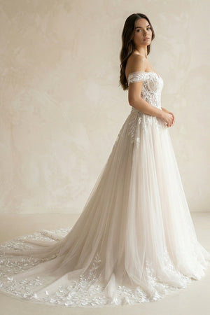 Ivory Off - the - Shoulder Lace A - Line Wedding Dress - KISS BRIDAL Wedding Dresses