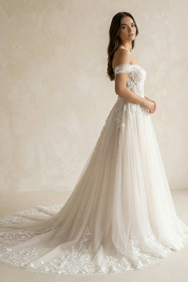 Ivory Off - the - Shoulder Lace A - Line Wedding Dress - KISS BRIDAL Wedding Dresses