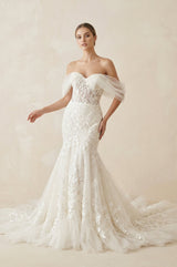Ivory Off - the - Shoulder Lace Mermaid Wedding Dress - KISS BRIDAL Wedding Dresses