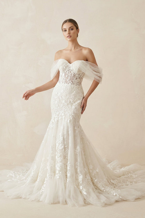 Ivory Off - the - Shoulder Lace Mermaid Wedding Dress - KISS BRIDAL Wedding Dresses