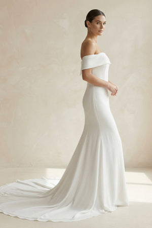 Ivory Off - the - Shoulder Satin Mermaid Wedding Dress - KISS BRIDAL Wedding Dresses