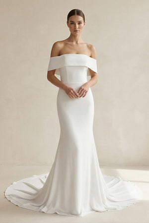 Ivory Off - the - Shoulder Satin Mermaid Wedding Dress - KISS BRIDAL Wedding Dresses