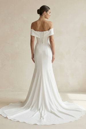 Ivory Off - the - Shoulder Satin Mermaid Wedding Dress - KISS BRIDAL Wedding Dresses