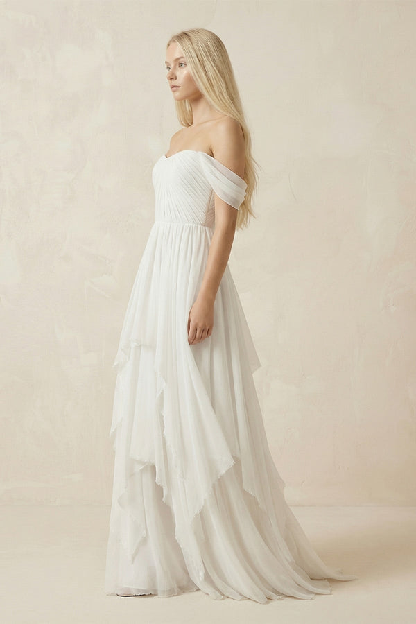 Ivory Off - the - Shoulder Tiered Chiffon A - Line Wedding Dress - KISS BRIDAL Wedding Dresses