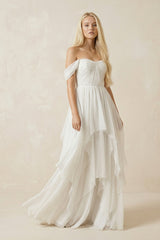 Ivory Off - the - Shoulder Tiered Chiffon A - Line Wedding Dress - KISS BRIDAL Wedding Dresses