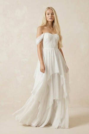 Ivory Off - the - Shoulder Tiered Chiffon A - Line Wedding Dress - KISS BRIDAL Wedding Dresses