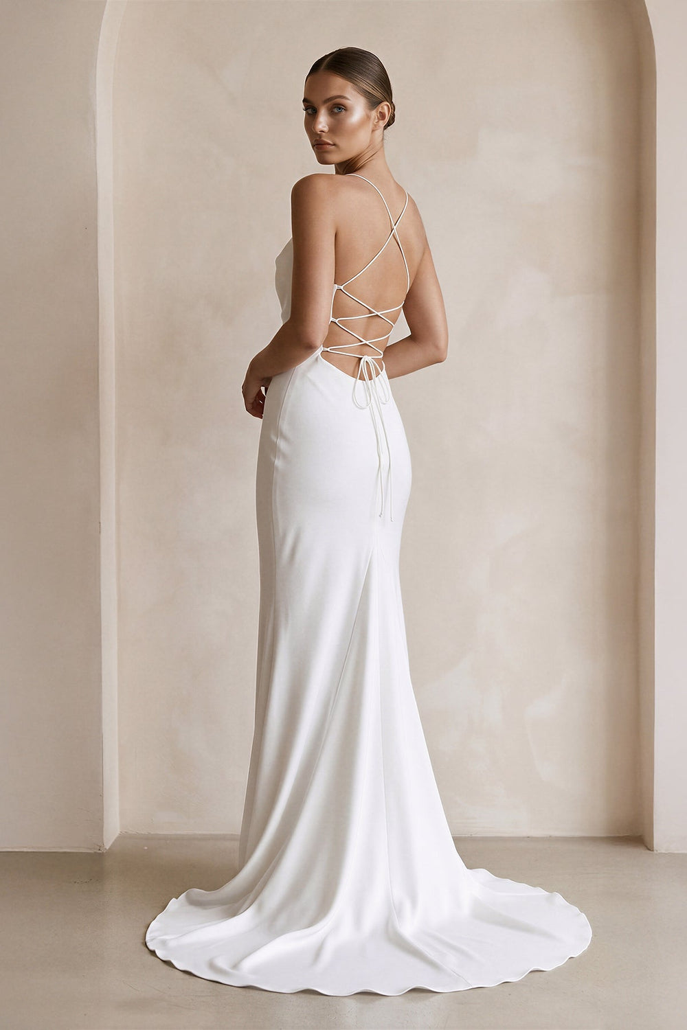Ivory Satin Mermaid Lace-up Back Wedding Dress in White