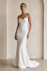 Ivory Satin Mermaid Lace - up Back Wedding Dress in White - KISS BRIDAL Wedding Dresses