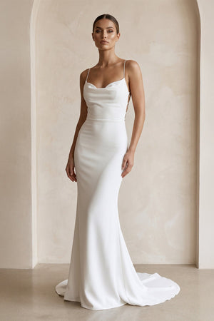 Ivory Satin Mermaid Lace - up Back Wedding Dress in White - KISS BRIDAL Wedding Dresses