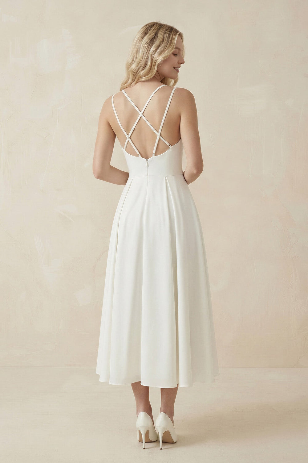 Ivory Satin V-Neck A-Line Midi Wedding Dress