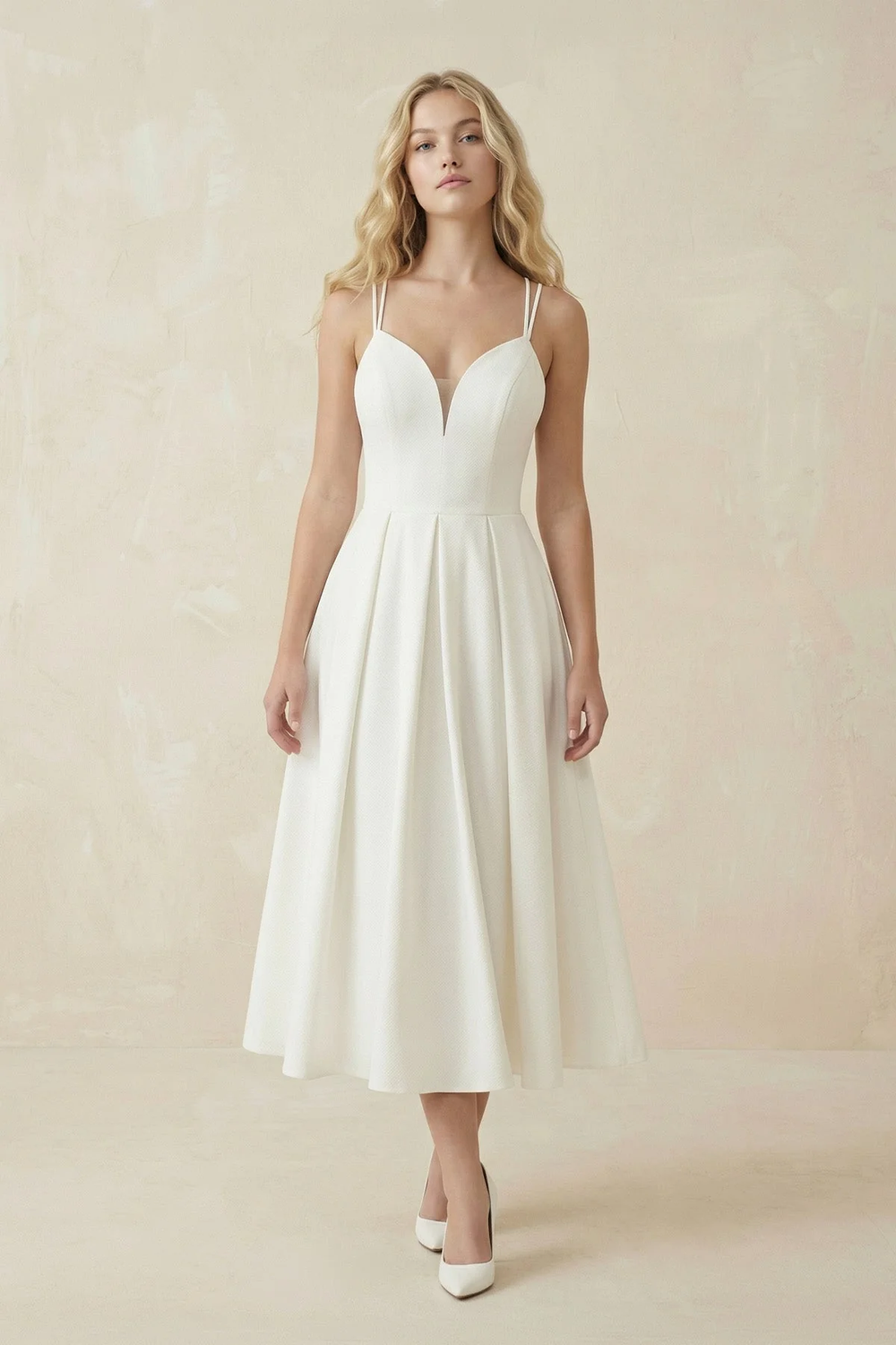 Ivory Satin V-Neck A-Line Midi Wedding Dress