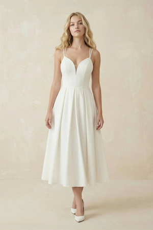 Ivory Satin V-Neck A-Line Midi Wedding Dress - KISS BRIDAL Wedding Dresses