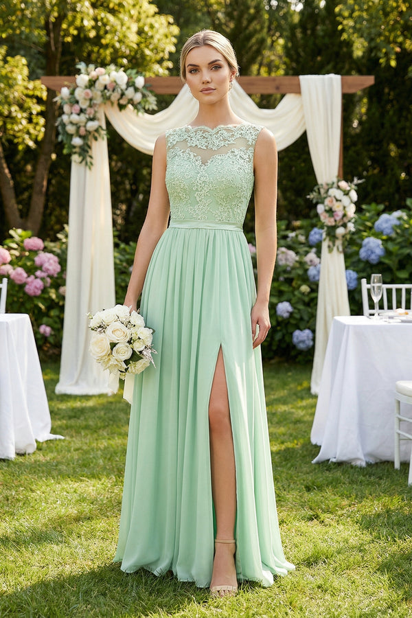 Lace A - Line Bateau Neck Chiffon Long Bridesmaid Dress - KISS BRIDAL Bridesmaid Dresses