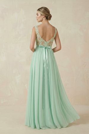 Lace A - Line Bateau Neck Chiffon Long Bridesmaid Dress - KISS BRIDAL Bridesmaid Dresses