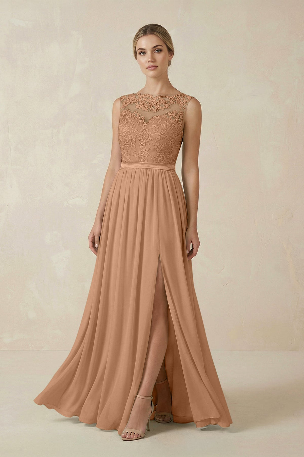 Lace A-Line Bateau Neck Chiffon Long Bridesmaid Dress in Bronzer