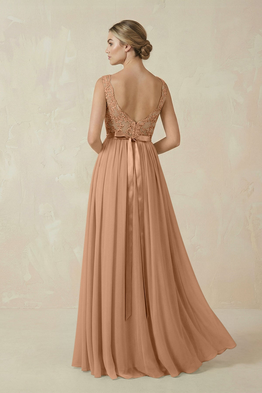 Lace A-Line Bateau Neck Chiffon Long Bridesmaid Dress in Bronzer