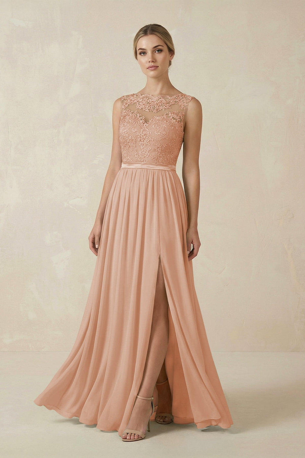 Lace A-Line Bateau Neck Chiffon Long Bridesmaid Dress in Champagne Rose