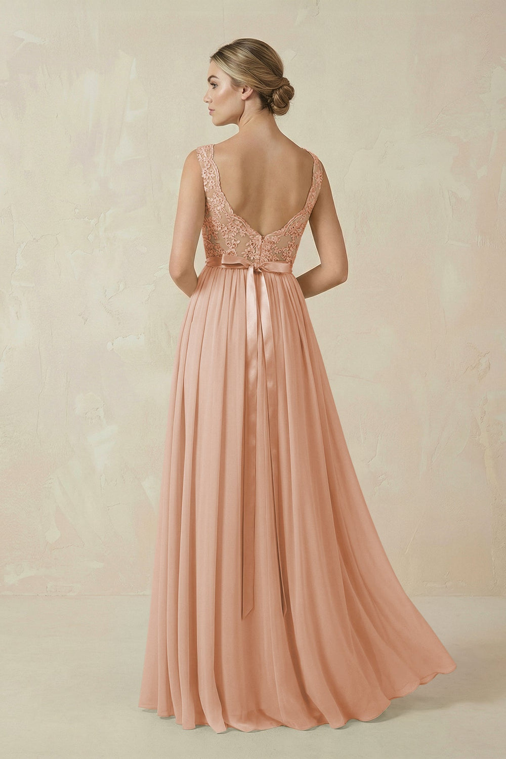Lace A-Line Bateau Neck Chiffon Long Bridesmaid Dress in Champagne Rose