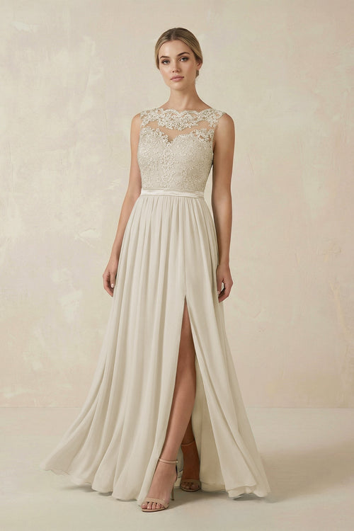 Lace A - Line Bateau Neck Chiffon Long Bridesmaid Dress in Dove Gray - KISS BRIDAL Bridesmaid Dresses