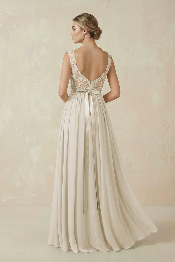 Lace A - Line Bateau Neck Chiffon Long Bridesmaid Dress in Dove Gray - KISS BRIDAL Bridesmaid Dresses