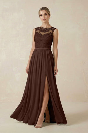 Lace A - Line Bateau Neck Chiffon Long Bridesmaid Dress in Espresso - KISS BRIDAL Bridesmaid Dresses