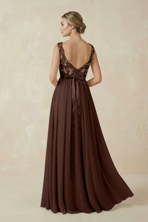 Lace A - Line Bateau Neck Chiffon Long Bridesmaid Dress in Espresso - KISS BRIDAL Bridesmaid Dresses