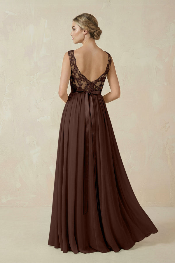 Lace A - Line Bateau Neck Chiffon Long Bridesmaid Dress in Espresso - KISS BRIDAL Bridesmaid Dresses