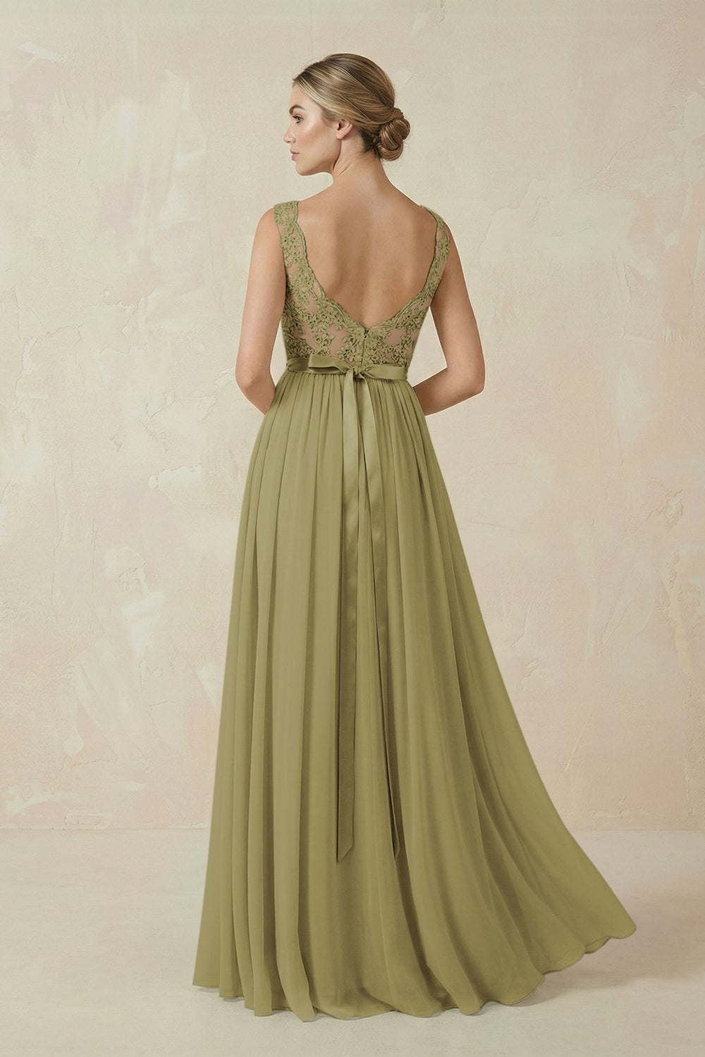 Lace A-Line Bateau Neck Chiffon Long Bridesmaid Dress in Moss Green