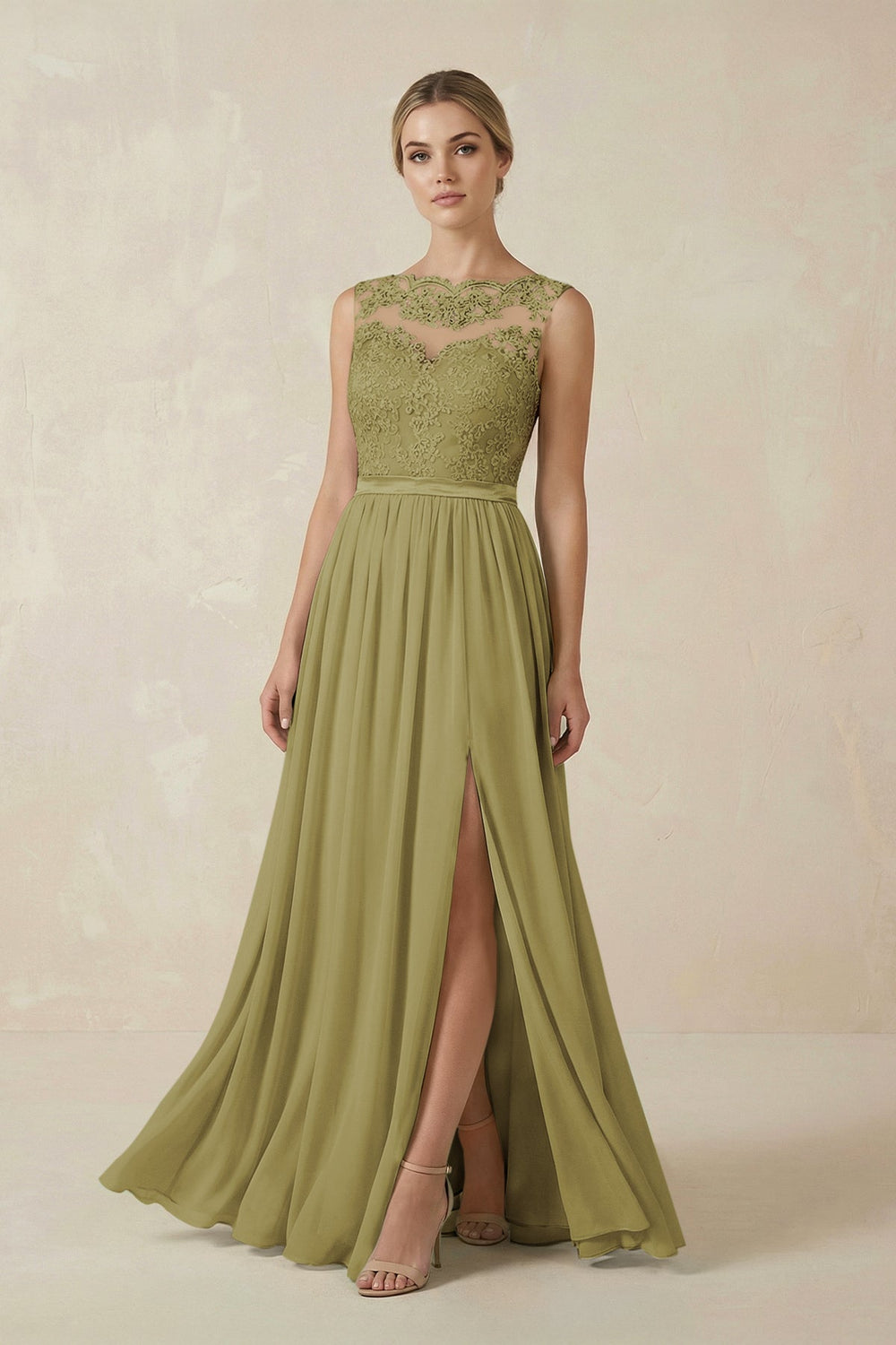 Lace A-Line Bateau Neck Chiffon Long Bridesmaid Dress in Moss Green