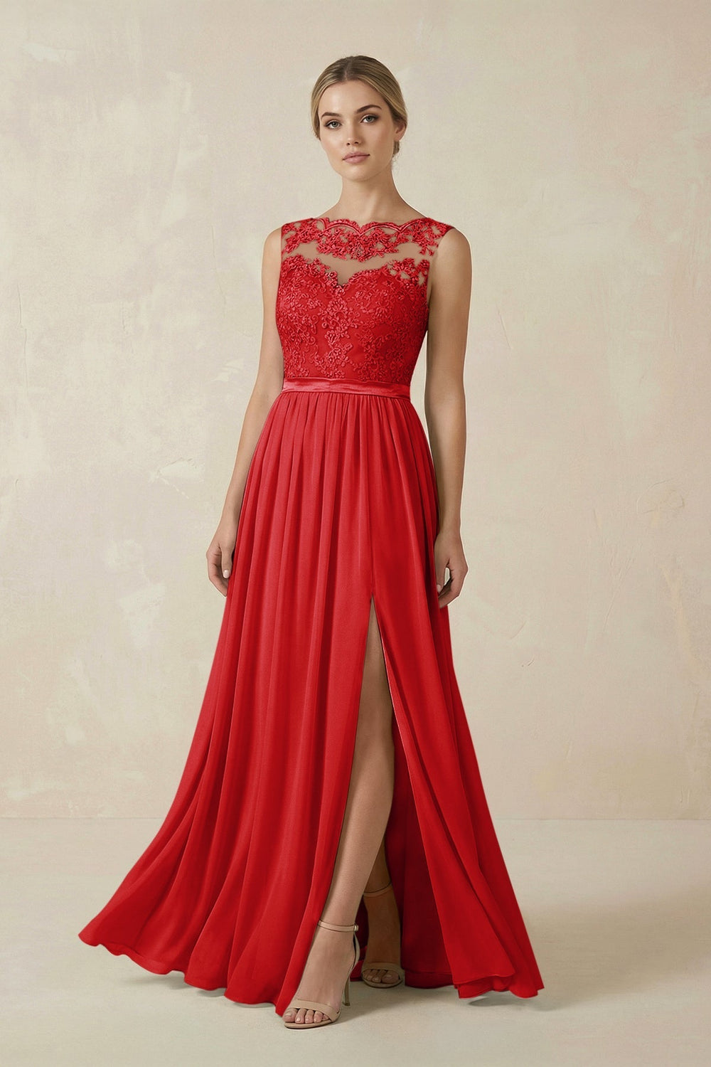 Lace A-Line Bateau Neck Chiffon Long Bridesmaid Dress in Ruby Red
