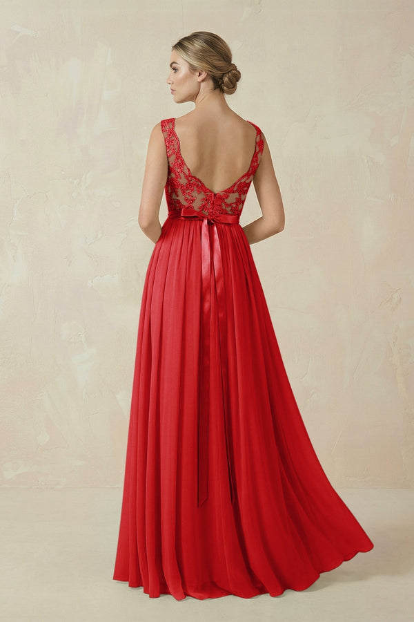Lace A - Line Bateau Neck Chiffon Long Bridesmaid Dress in Ruby Red - KISS BRIDAL Bridesmaid Dresses