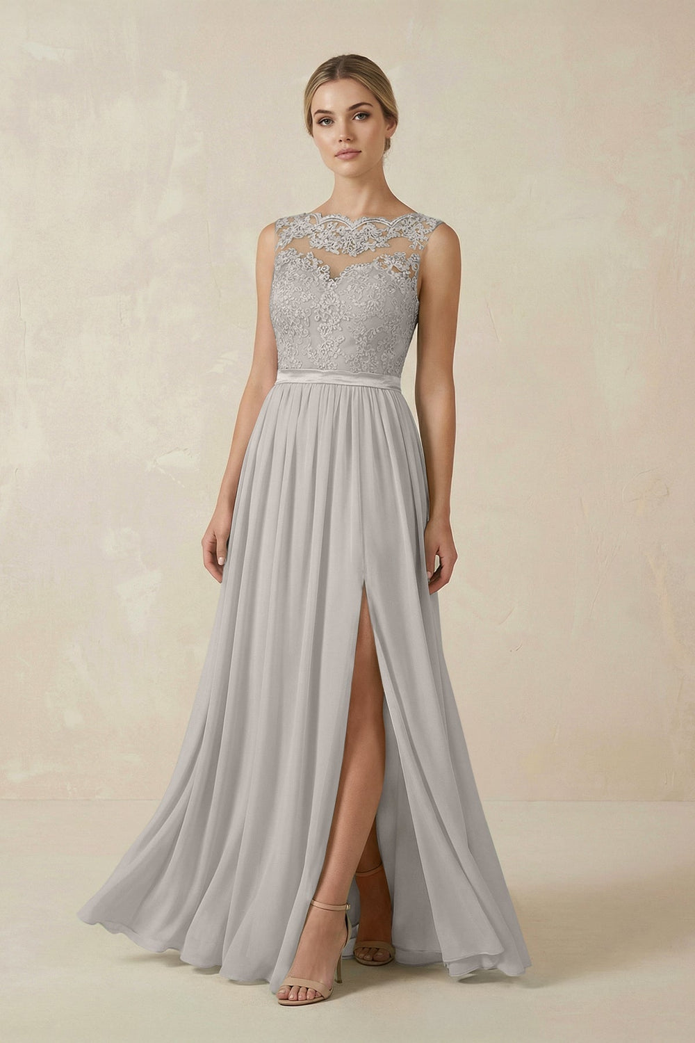 Lace A-Line Bateau Neck Chiffon Long Bridesmaid Dress in Silver
