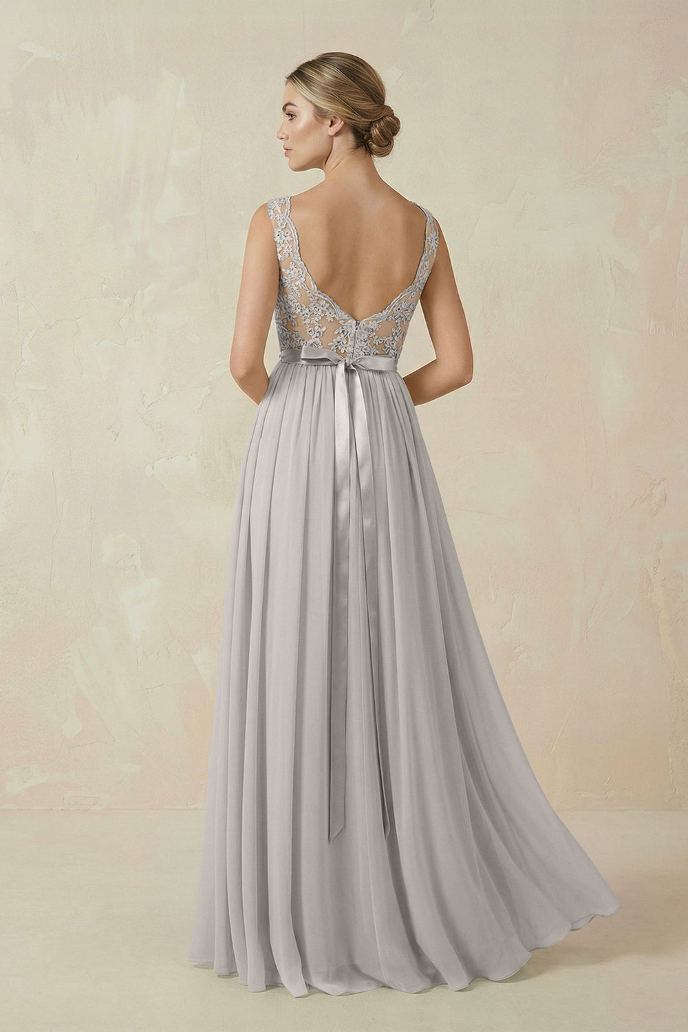 Lace A-Line Bateau Neck Chiffon Long Bridesmaid Dress in Silver
