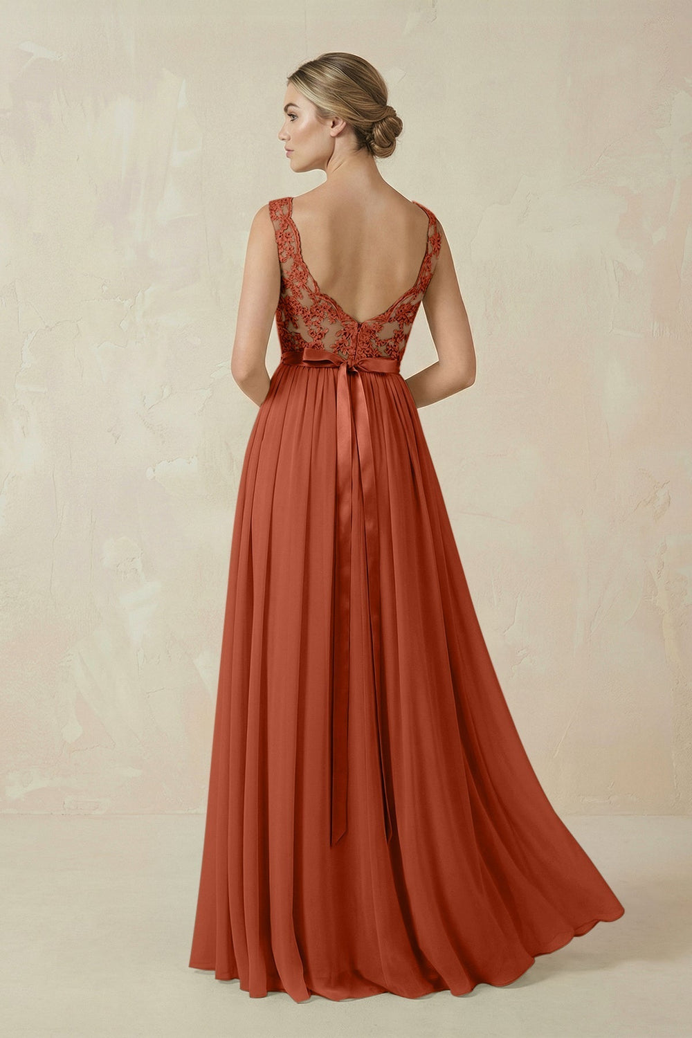 Lace A-Line Bateau Neck Chiffon Long Bridesmaid Dress in Spice