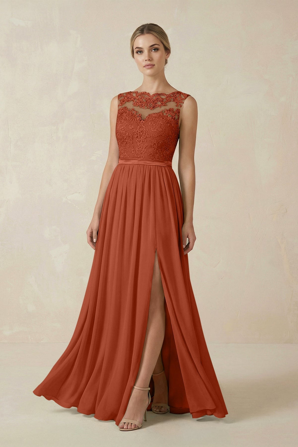 Lace A-Line Bateau Neck Chiffon Long Bridesmaid Dress in Spice