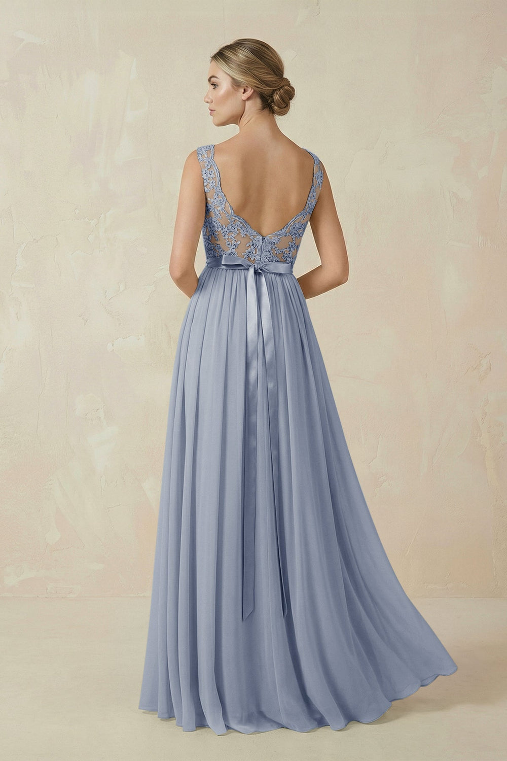 Lace A-Line Bateau Neck Chiffon Long Bridesmaid Dress in Twilight