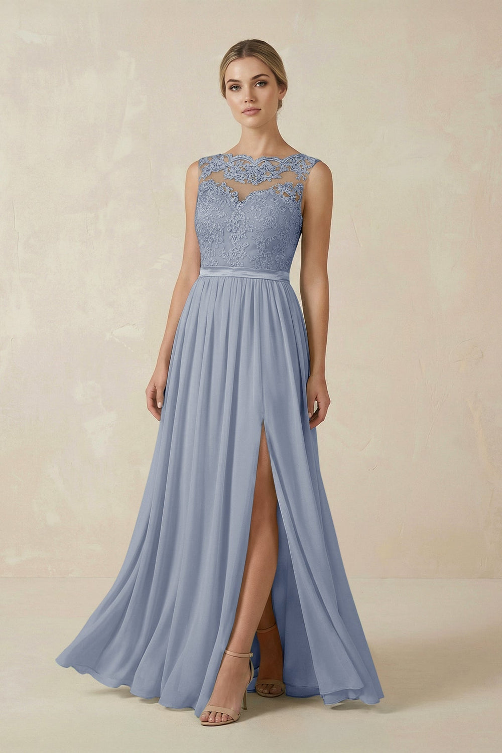Lace A-Line Bateau Neck Chiffon Long Bridesmaid Dress in Twilight