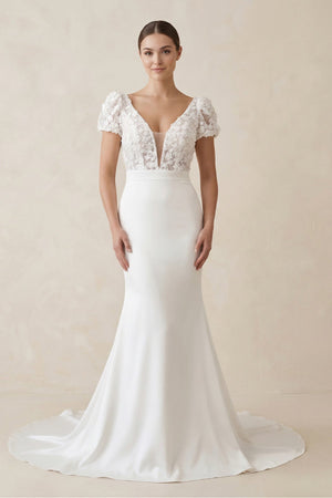 Lace Cap Sleeve Satin V - Neck Mermaid Wedding Dress in White - KISS BRIDAL Wedding Dresses