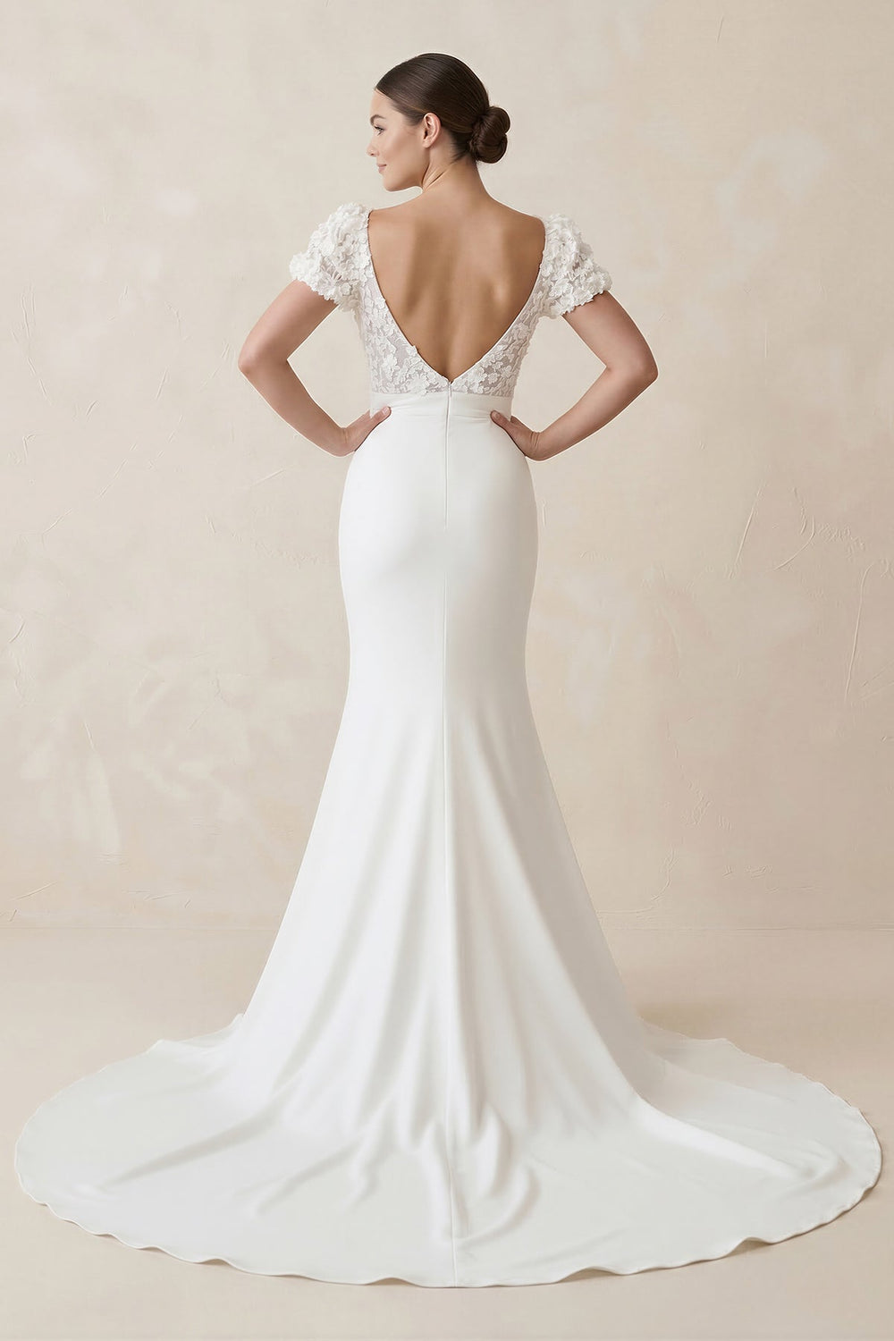 Lace Cap Sleeve Satin V-Neck Mermaid Wedding Dress in White