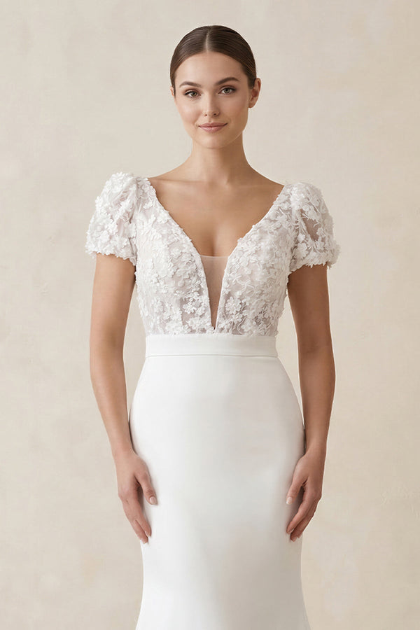 Lace Cap Sleeve Satin V - Neck Mermaid Wedding Dress in White - KISS BRIDAL Wedding Dresses