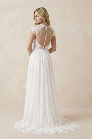 Lace Cap Sleeve V - Neck A - Line Tulle Wedding Dress in White - KISS BRIDAL Wedding Dresses