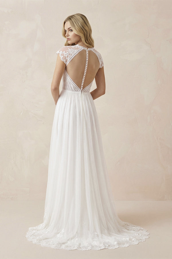 Lace Cap Sleeve V - Neck A - Line Tulle Wedding Dress in White - KISS BRIDAL Wedding Dresses