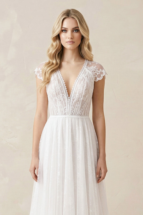 Lace Cap Sleeve V - Neck A - Line Tulle Wedding Dress in White - KISS BRIDAL Wedding Dresses