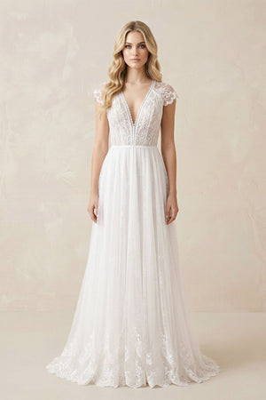 Lace Cap Sleeve V - Neck A - Line Tulle Wedding Dress in White - KISS BRIDAL Wedding Dresses