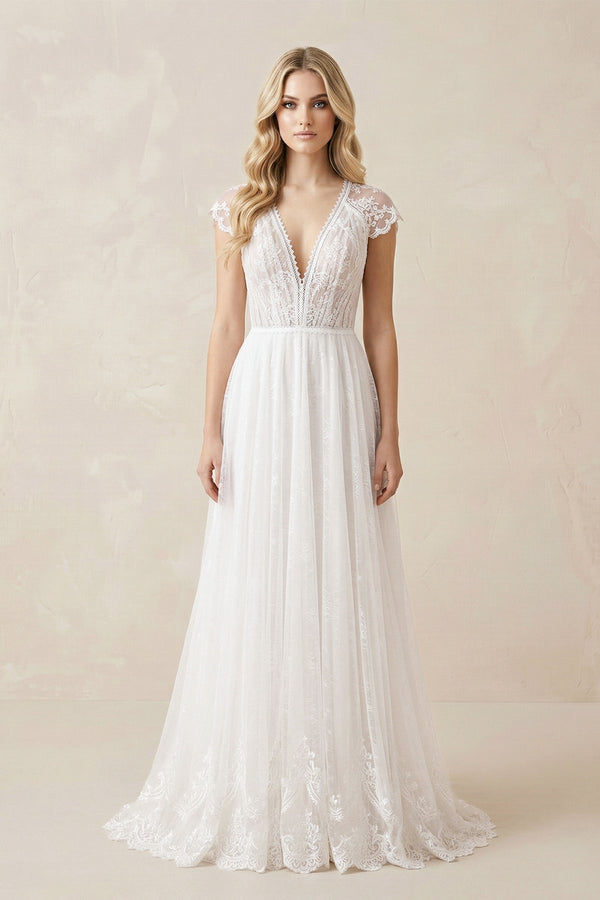 Lace Cap Sleeve V - Neck A - Line Tulle Wedding Dress in White - KISS BRIDAL Wedding Dresses