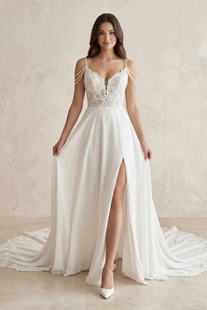 Lace Chiffon A - Line Off - the - Shoulder Wedding Dress in White - KISS BRIDAL Wedding Dresses