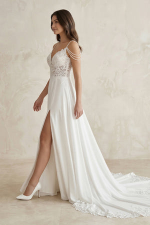 Lace Chiffon A - Line Off - the - Shoulder Wedding Dress in White - KISS BRIDAL Wedding Dresses