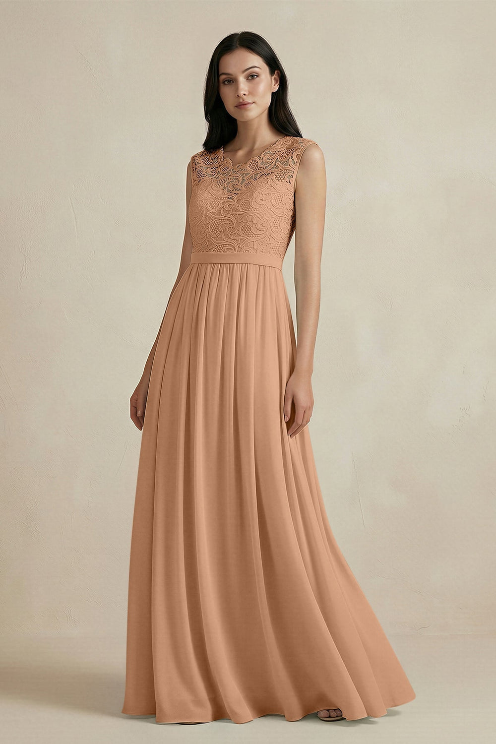 Lace Chiffon A-Line Round Neck Bridesmaid Dress in Bronzer