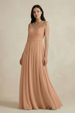 Lace Chiffon A - Line Round Neck Bridesmaid Dress in Bronzer - KISS BRIDAL Bridesmaid Dresses